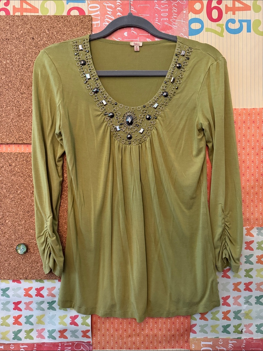Reba Olive Green Jeweled V-Neck Tunic